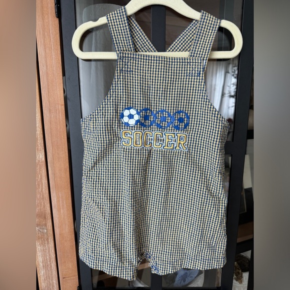 90s Vintage Soccer appliqué embroidered jon jon romper overalls baby boy toddler - Picture 5 of 5